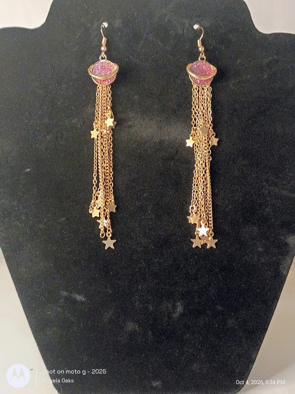 Gold Star Tassel Earrings with Pink Accents
